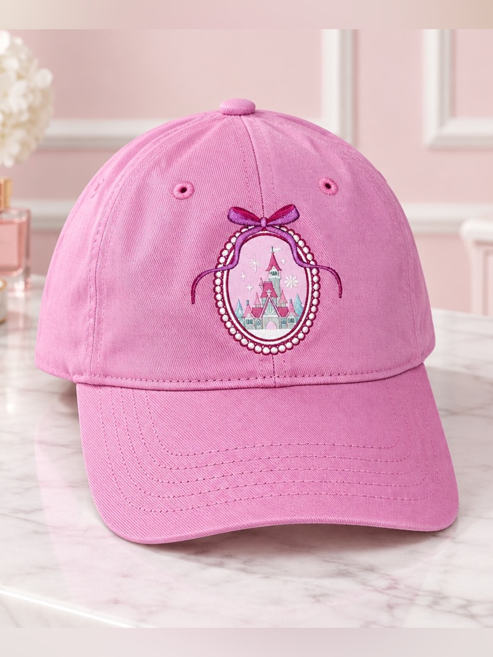 Disney Parks Holiday Pink Castle Bow Adjustable Baseball Cap Hat NEW